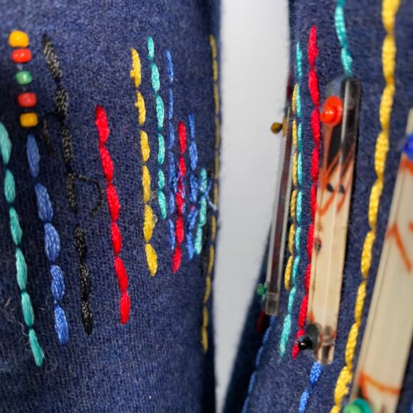 CAROLINA HERRERA Size 6 Blue Multi Color Wool Beaded Back Zip Dress - Picture 5 of 8